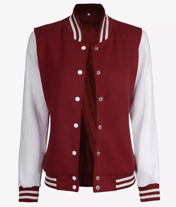 Womens Maroon Varsity Jacket with White Sleeves Baseball Style Jacket
