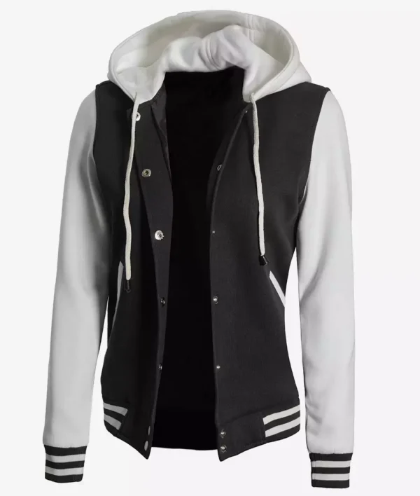 Black and White Hooded Varsity Jacket For Women's 