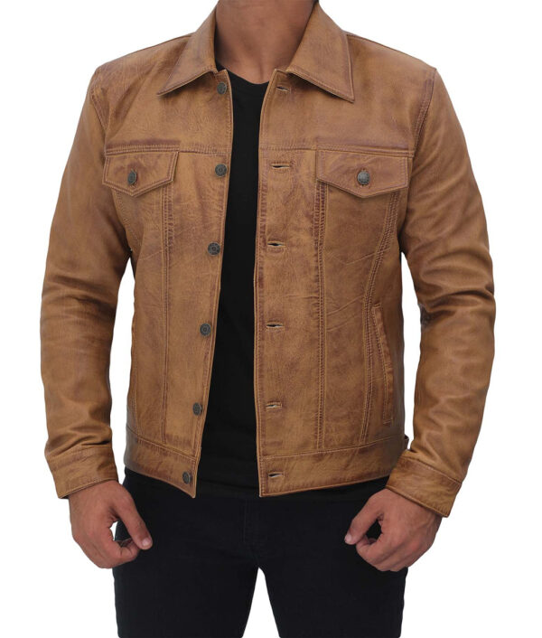 Mens Camel Brown Leather Trucker Jacket