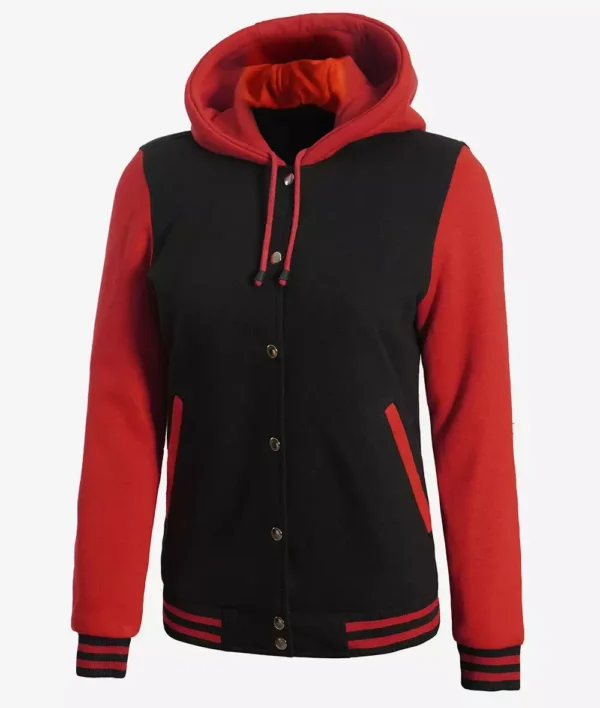 Women's Black and Red Hooded Varsity Jacket Baseball Style
