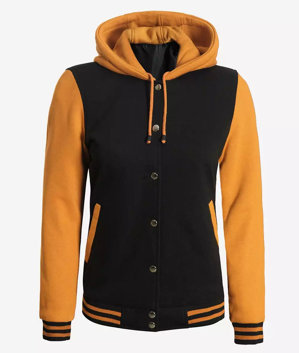 Women’s Black and Yellow Varsity Jacket Hooded Letterman Bombercket