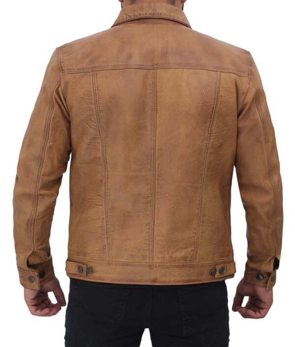 Mens Camel Brown Leather Trucker Jacket
