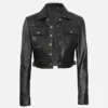 Womens Cropped Black Leather Trucker Jacket