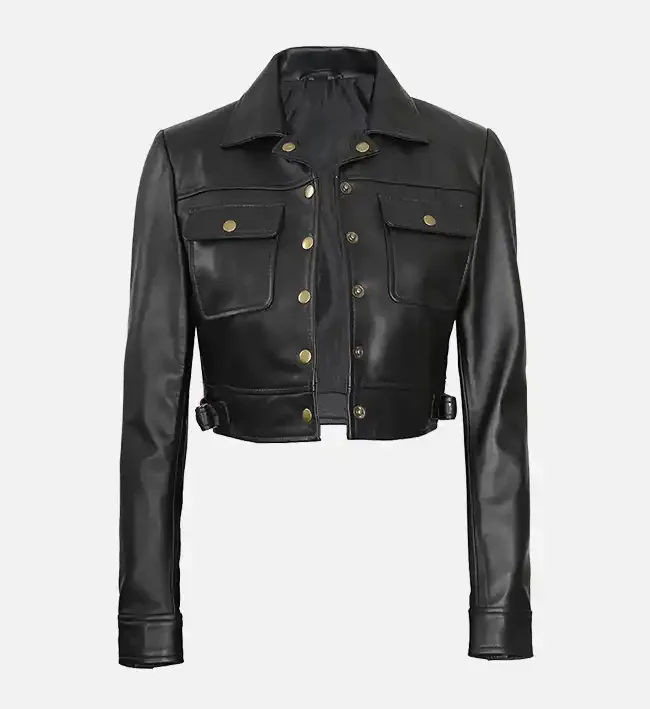 Womens Cropped Black Leather Trucker Jacket