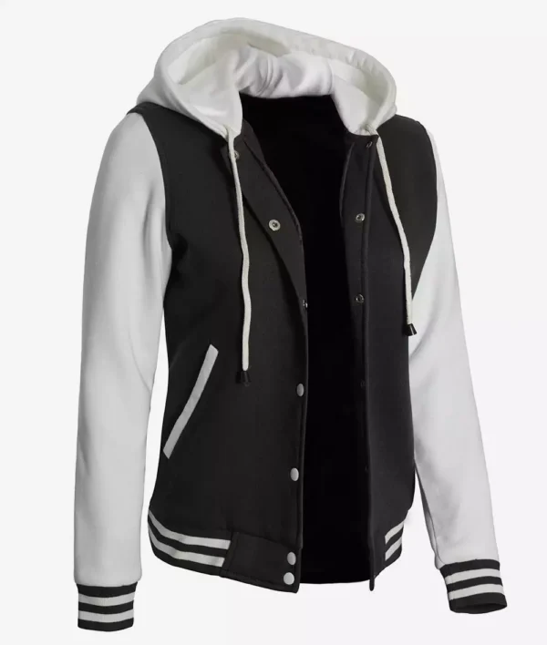 Black and White Hooded Varsity Jacket For Women's 