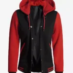 Women's Black and Red Hooded Varsity Jacket Baseball Style
