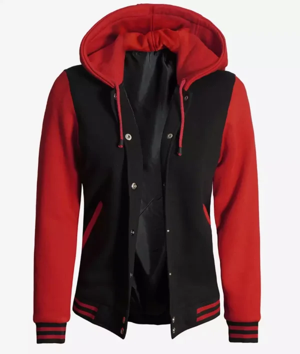 Women's Black and Red Hooded Varsity Jacket Baseball Style
