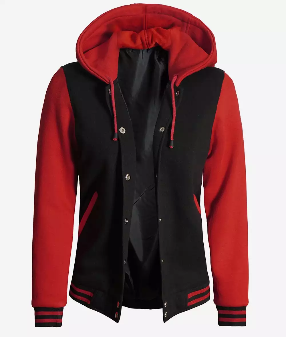 Women's Black and Red Hooded Varsity Jacket Baseball Style