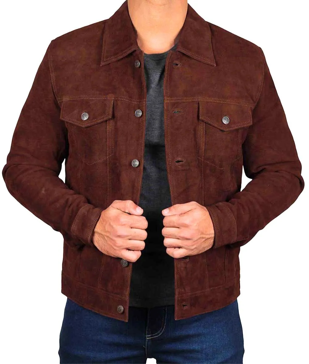 Dark Brown Suede Trucker Jacket for Men