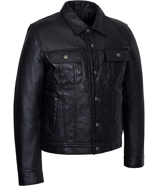 Travis Mens Black Modern Leather Trucker Jacket