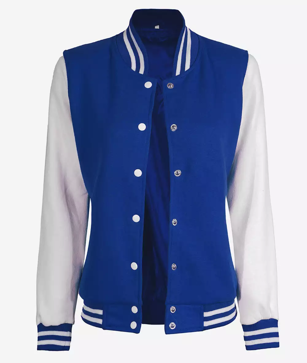 Women’s White and Royal Blue Varsity Jacket Baseball Style