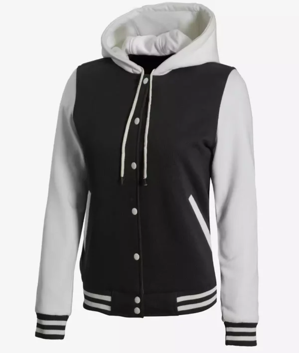 Black and White Hooded Varsity Jacket For Women's 