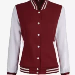 Womens Maroon Varsity Jacket with White Sleeves Baseball Style Jacket