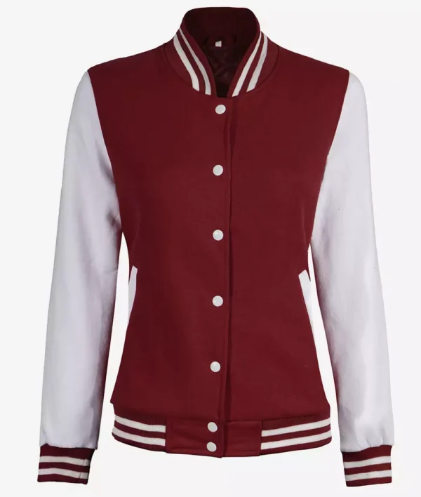Womens Maroon Varsity Jacket with White Sleeves Baseball Style Jacket