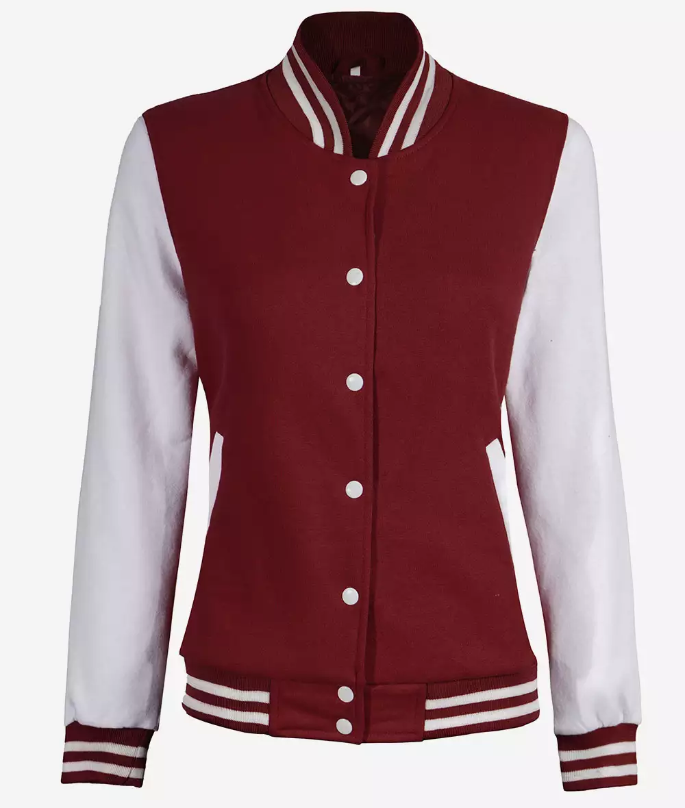 Womens Maroon Varsity Jacket with White Sleeves Baseball Style Jacket