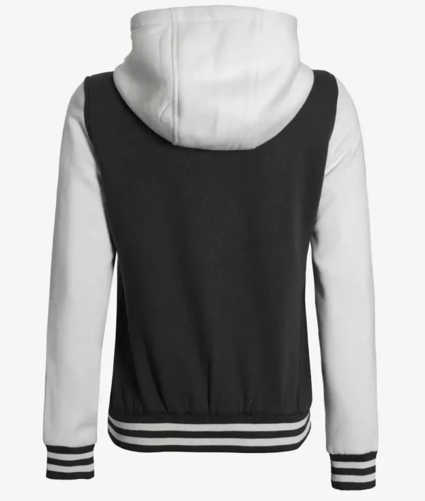 Black and White Hooded Varsity Jacket For Women's 