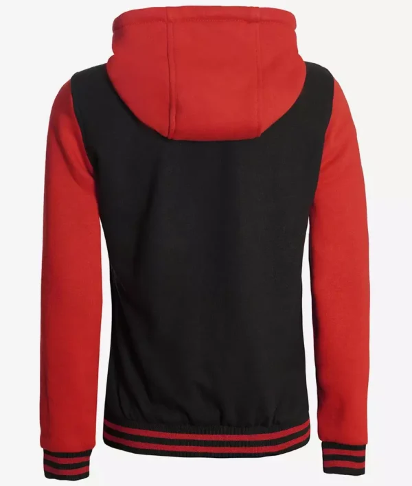 Women's Black and Red Hooded Varsity Jacket Baseball Style