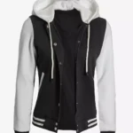 Women's Black and White Hooded Varsity Jacket Letterman Style