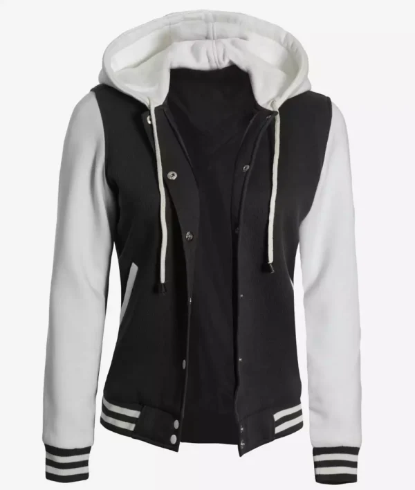 Black and White Hooded Varsity Jacket For Women's 