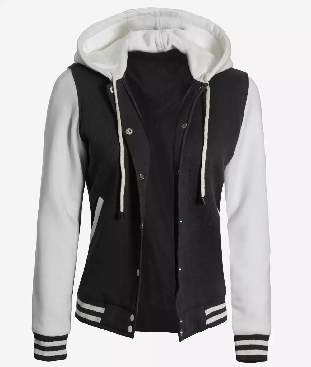 Black and White Hooded Varsity Jacket For Women's 