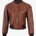 Womens Brown Cropped Bomber Leather Jacket