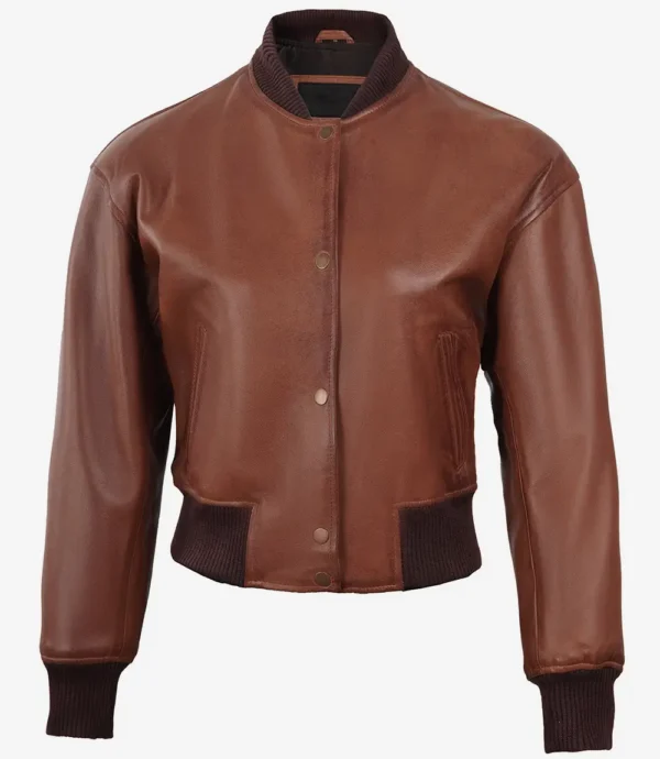 Women's Brown Cropped Bomber Leather Jacket