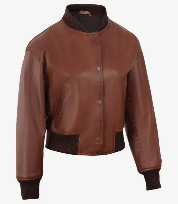 Women's Cropped Leather Bomber Jacket in Brown
