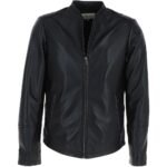 Round Collar Mens Black Motorcycle Jacket