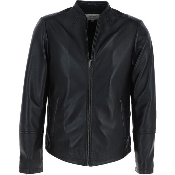 Round Collar Mens Black Motorcycle Jacket