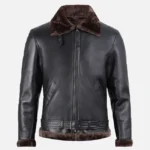 Black Shearling Leather Bomber Jacket for Men