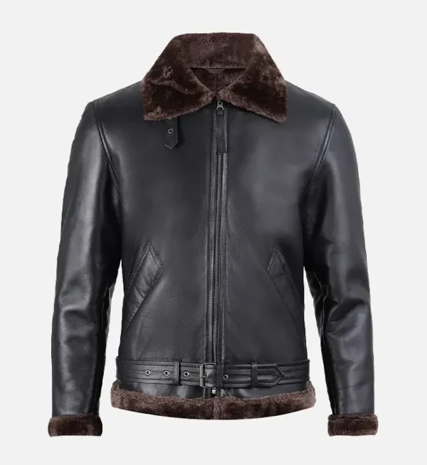 Black Shearling Leather Bomber Jacket