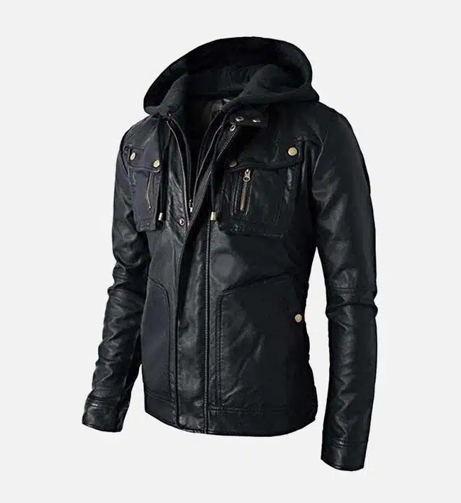 Detachable Hood Black Biker Leather Jacket for Men
