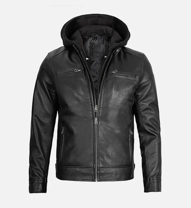 Authentic Mens Black Leather Jacket with Removable Hood