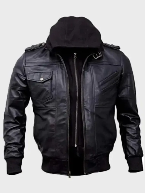 Mens Bomber Black Leather Jacket with Hoodie