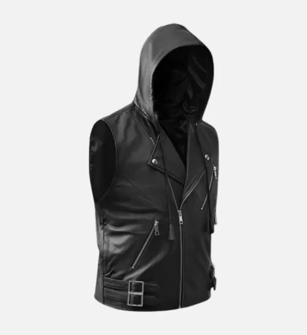 Black hooded moto leather vest