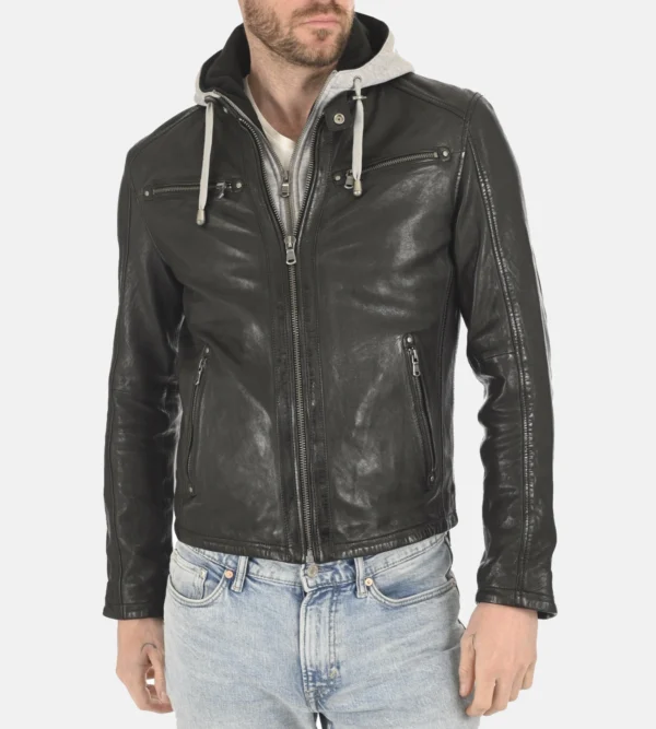 Black hoodie leather outerwear