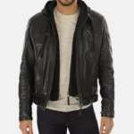Black Hooded Genuine Lambskin Leather Jacket Mens
