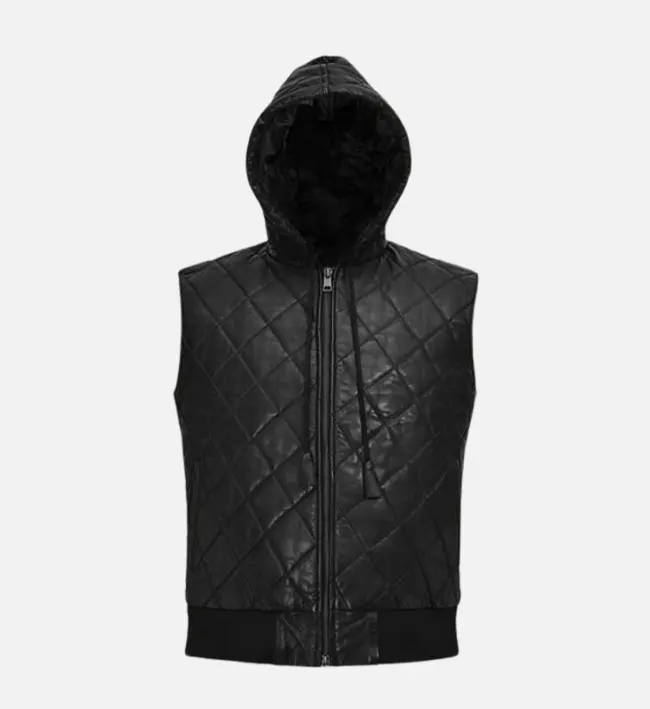 Mens Quilted Black Hooded Leather Vest
