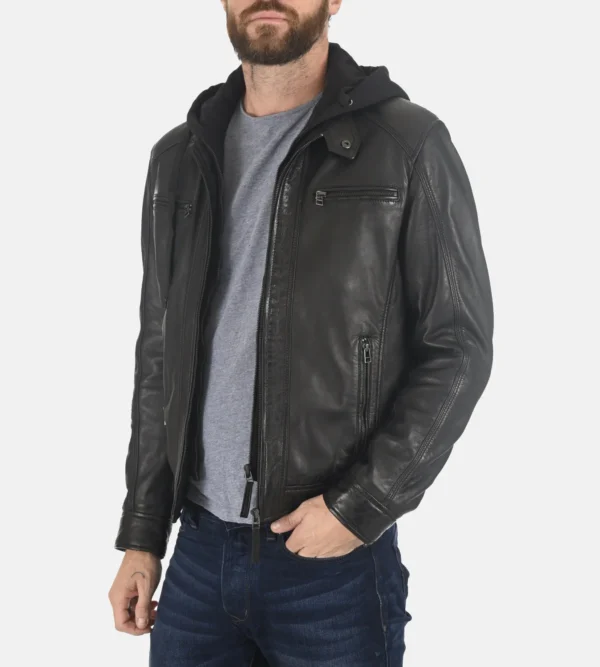 Jacobstowe Hooded Black Genuine Lambskin Leather Jacket
