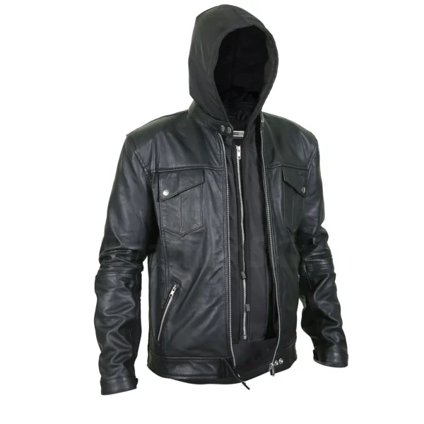 Black mens leather jacket hoodie