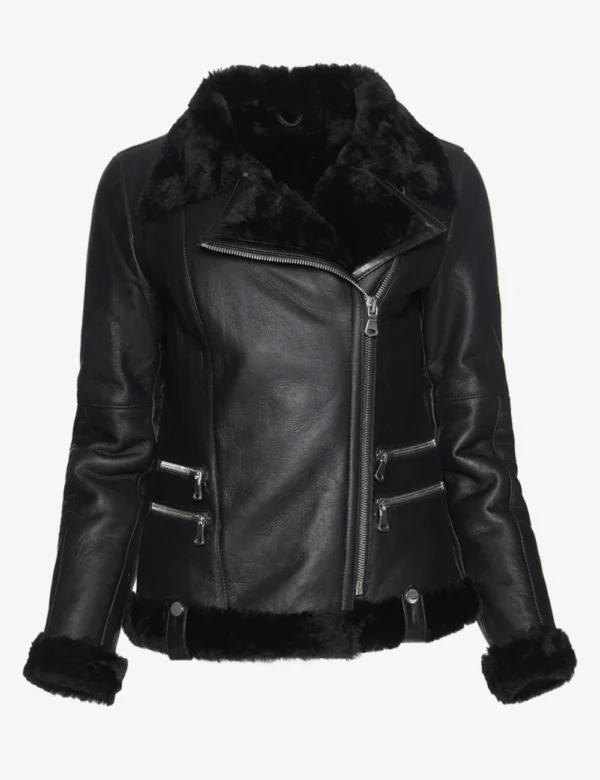 Stella Womens Genuine Black Sheepskin B-2 Shearling Jacket