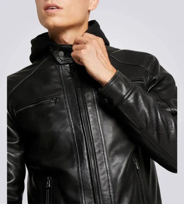 Black shearling biker jacket with hood