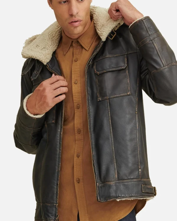 Black shearling hooded jacket men
