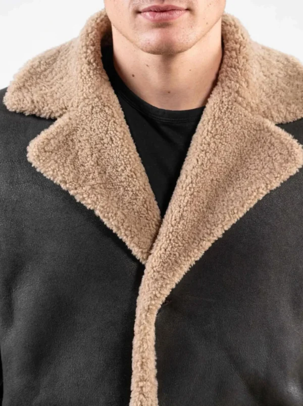 Black shearling leather coat for men