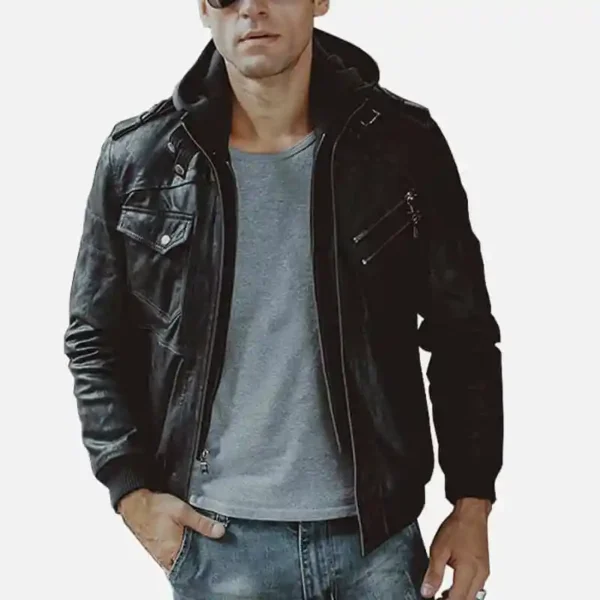 Mens Black Bomber Leather Jacket with Hood - Image 2