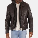 Dark Brown Hood Lambskin Leather Jacket Mens