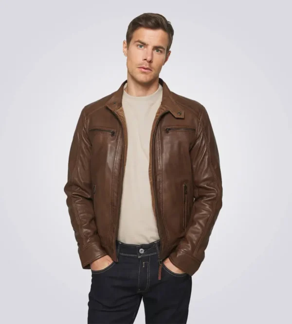 Mens Brown Biker Hooded Leather Jacket - Image 4