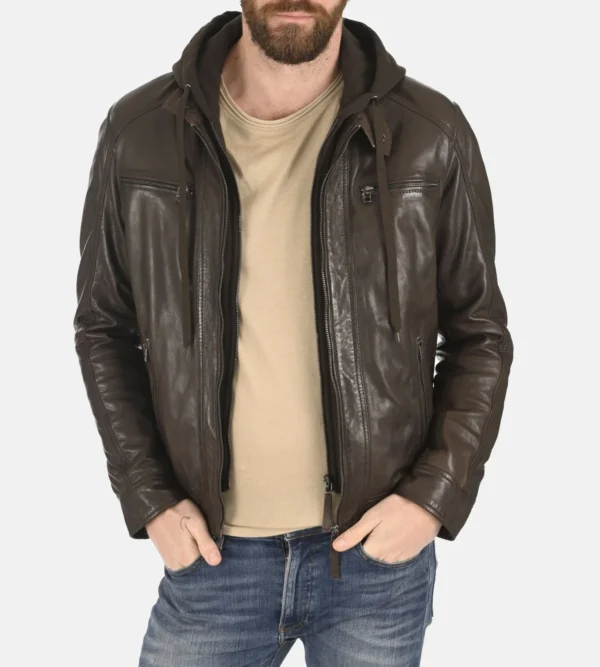 Hooded Chocolate Brown Lambskin Leather Jacket