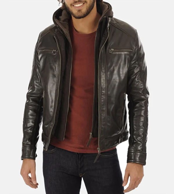 Mens Brown Hooded Buffalo Leather Jacket