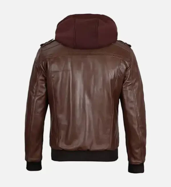 Mens Chocolate Brown Leather Bomber Jacket With Hood